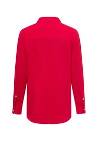 Rotes Langarmhemd mit klassischem Kragen, Knopfmanschetten und leicht geschwungenem Saum. Hergestellt aus leichtem Stoff mit glatter Textur.