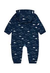 Navyblauer Babystrampler mit Kapuze, mit einem Muster aus weißen Haien und Blasen. Elastische Bündchen und ein Reißverschluss vorne.