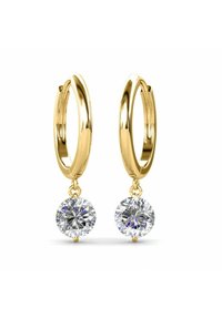Orecchini ad anello in oro con una pietra preziosa tonda e trasparente pendente sul fondo, che mostrano una finitura lucida e una superficie liscia.