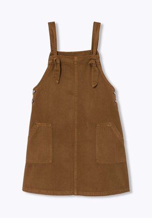 Robe-pinafore en jean marron sans manches avec deux poches plaquées à l'avant, bretelles réglables nouées et boutons latéraux.
