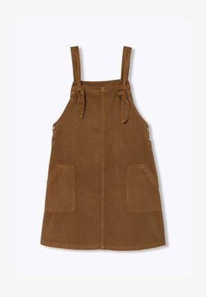 Robe-pinafore en jean marron sans manches avec deux poches plaquées à l'avant, bretelles réglables nouées et boutons latéraux.
