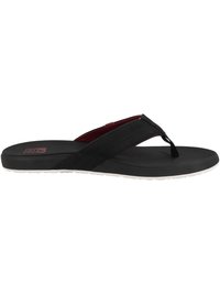 Black flip-flop sandal with a textured rubber sole, featuring a soft toe post and contrasting red accents at the back of the strap.