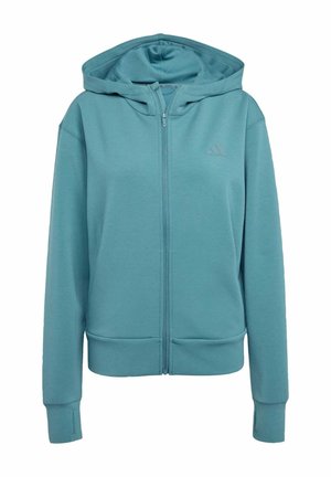 Teal zip-up hoodie van zacht materiaal, met een capuchon, zijzakken, geribbelde manchetten en een subtiel logo op de borst.
