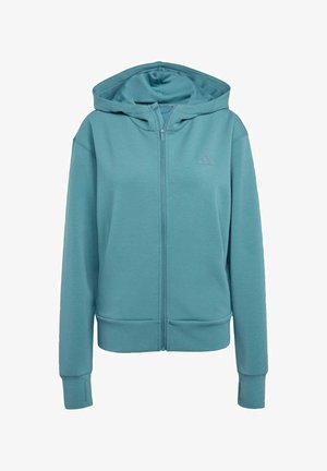 Tyrkysová zipová mikina vyrobená z jemné látky, s kapucí, bočními kapsami, ribbovanými manžetami a jemným logem na hrudi.