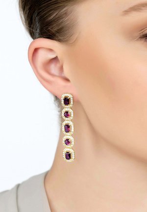 Gold-tone earrings featuring a linear design with five rectangular, deep red gemstones, surrounded by sparkling clear accents.