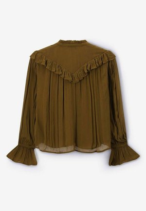 Die olivgrüne Bluse verfügt über einen gerüschten Einsatz, lange Ärmel mit ausgestellten Bündchen und einen strukturierten, fließenden Stoff in entspannter Passform.