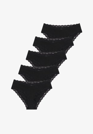Černé bavlněné kalhotky v sadě pěti kusů, s krajkovým lemováním kolem pásu a otvorů pro nohy. Měkká textilie s klasickým střihem.