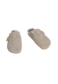 Pantofole in suede grigio chiaro con una morbida fodera in pelliccia, dotate di due cinturini e di un accento di fibbia dorata. Punta rotonda e suola piatta.