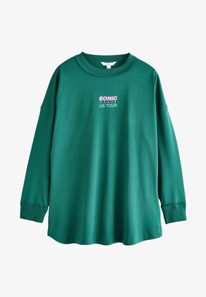 Groene sweatshirt met lange mouwen en geribde ronde hals. Kenmerkt zich door de opdruk "SONIC RADIO US TOUR" in roze en wit op de voorkant. Zacht materiaal.