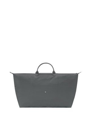 Large gray travel tote bag with two round handles and a central snap button closure on front pocket.