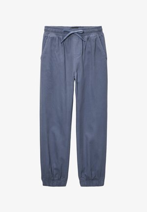 Pantalon de jogging décontracté bleu avec taille élastique, cordon de serrage, poches latérales et poignets élastiques aux chevilles.