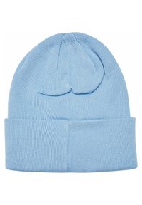 Blå strikket lue med ribbestruktur, som har en brettet kant og en liten avsmalning på toppen.