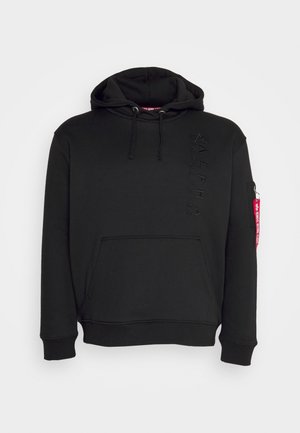 Black hoodie featuring a kangaroo pocket, drawstring hood, and raised branding on the front. Includes a zippered arm pocket with red tag.