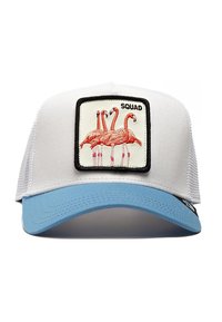White trucker cap with a light blue brim, featuring an embroidered patch of three pink flamingos and the text "SQUAD" in a rectangular border.