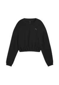 Sort cropped sweatshirt lavet af bomuld. Har rund halsudskæring, lange ærmer og elastisk kant. Visuelt logo i grå på brystet.