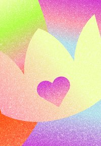 Αφηρημένα πολύχρωμα σχήματα με υφή που έλαμπε και μια κεντρική καρδιά σε μοβ και ροζ χρώμα που επικαλύπτει κίτρινα και ροδακινί πέταλα.