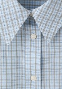 Close-up of a light blue checkered shirt with a pointed collar and three visible white buttons.