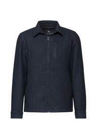 Mörkblå zip-up jacka i ett texturerat tyg med långa ärmar, krage och ficka med dragkedja på bröstet. Avslappnad design, utan mönster.