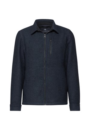 Donkerblauwe zip-up jas van een gestructureerde stof met lange mouwen, een kraag en een ritszak op de borst. Casual ontwerp, zonder patronen.