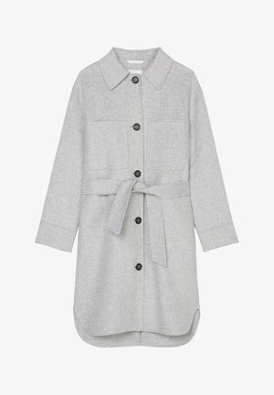 Jasnoszara wełniana kurtka z długimi rękawami, guzikami z przodu, dwoma kieszeniami na piersi, kołnierzem oraz pasującym paskiem przewiązanym w talii.