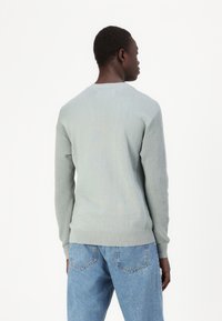 Maglione grigio chiaro a maglia con collo rotondo e maniche testurizzate. Abbinato a jeans in denim azzurri, con una vestibilità comoda e uno stile casual.
