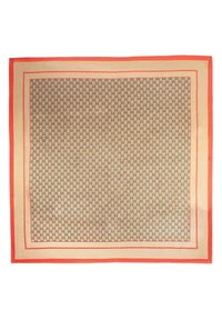 Aksomas šalikėlis su smėlio spalvos fono ir juodu tarpusavyje sujungtų formų raštu, ribojamas ryškiai oranžine kraštine ir plona kreminės spalvos linija.