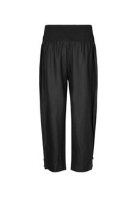 Zwarte, losse linnen broeken met een smock tailleband, cropped lengte en zijaccenten. Soepele textuur en ademend materiaal.