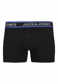 Schwarze Boxershorts mit einem grauen Bund, der das Logo "JACK&JONES" und blaue Akzente zeigt. Glattes Material, taillierte Passform mit einem konturierten Pouch.