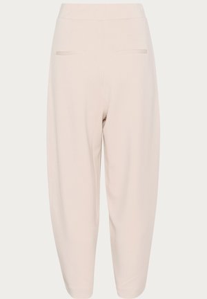 Hellbeige, schmal zulaufende Hose mit glatter Textur, elastischem Bund und zwei Gesäßtaschen. Keine sichtbaren Fronttaschen oder Verzierungen.