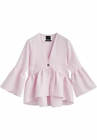 Chemisier en lin rose clair avec un col en V, une fermeture à un bouton et des manches évasées. Présente un design en peplum froncé pour plus de volume.