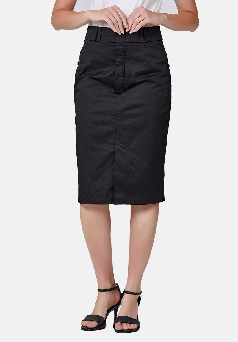 Jupe crayon noire en coton, dotée d'une fermeture éclair à l'avant et de deux accents dorés décoratifs. Coupe cintrée avec un design arrivant au genou.