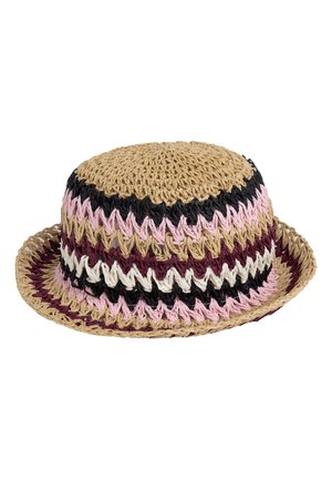 Geweven strooien buckethoed met een korte rand, voorzien van zigzagpatronen in zwart, roze, beige, bordeauxrood en wit garen.