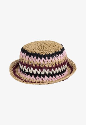 Pleciony kapelusz typu bucket z krótkim rondem, ozdobiony wzorami w zygzak w kolorach czarnym, różowym, beżowym, burgundowym i białym.
