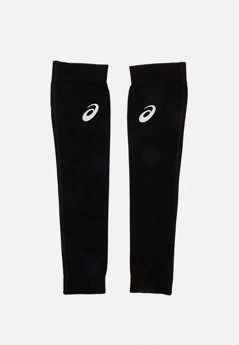 Mangas de pierna atléticas negras, hechas de un tejido elástico con una textura suave, que cuentan con acentos de logotipo blancos en cada manga.