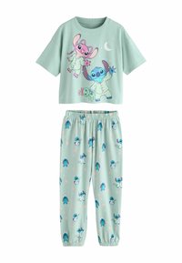 Grön pyjamasuppsättning med en kortärmad skjorta med karaktärstryck och matchande byxor med mönster; mjukt bomullstyg, elastisk midja.