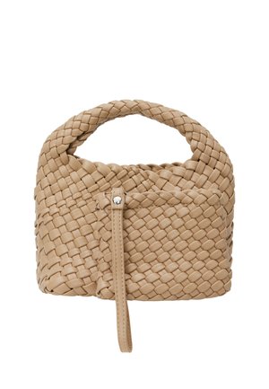 Vævet beige håndtaske med et rundt håndtag og en lynlås foran lommen. Glat overflade og kompakt form, velegnet til daglig brug.