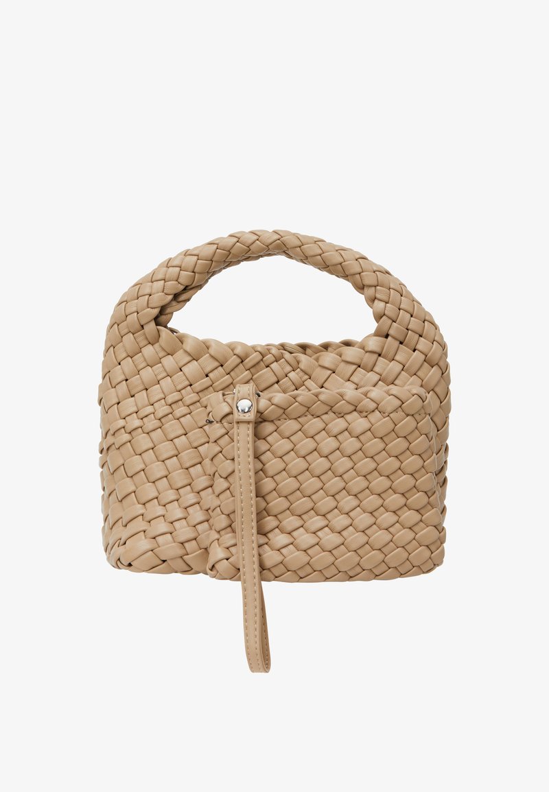 Vævet beige håndtaske med et rundt håndtag og en lynlås foran lommen. Glat overflade og kompakt form, velegnet til daglig brug.