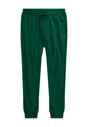 Grønne sweatpants lavet af et blødt stof, med elastisk talje med snøre og tætsiddende cuffs; inkluderer en subtil logodetalje.