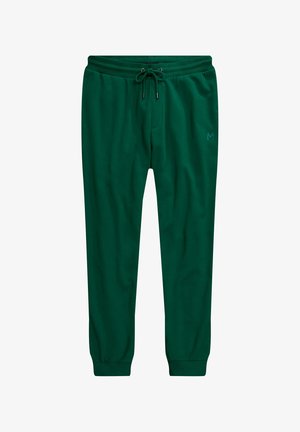 Grønne sweatpants lavet af et blødt stof, med elastisk talje med snøre og tætsiddende cuffs; inkluderer en subtil logodetalje.