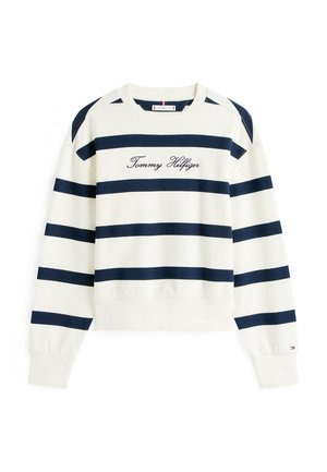 Weißes Sweatshirt mit navyblauen horizontalen Streifen, gerippten Bündchen und rundem Ausschnitt. Text "Tommy Hilfiger" in Schreibschrift gestickt.