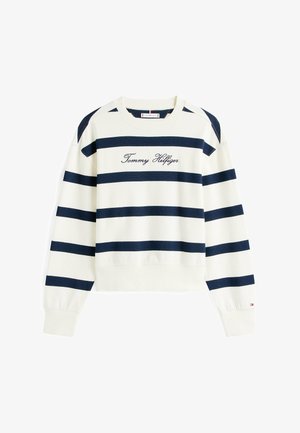 Vit sweatshirt med marinblå horisontella ränder, ribbade ärmslut och rund halsringning. Texten "Tommy Hilfiger" broderad i skrivstil.
