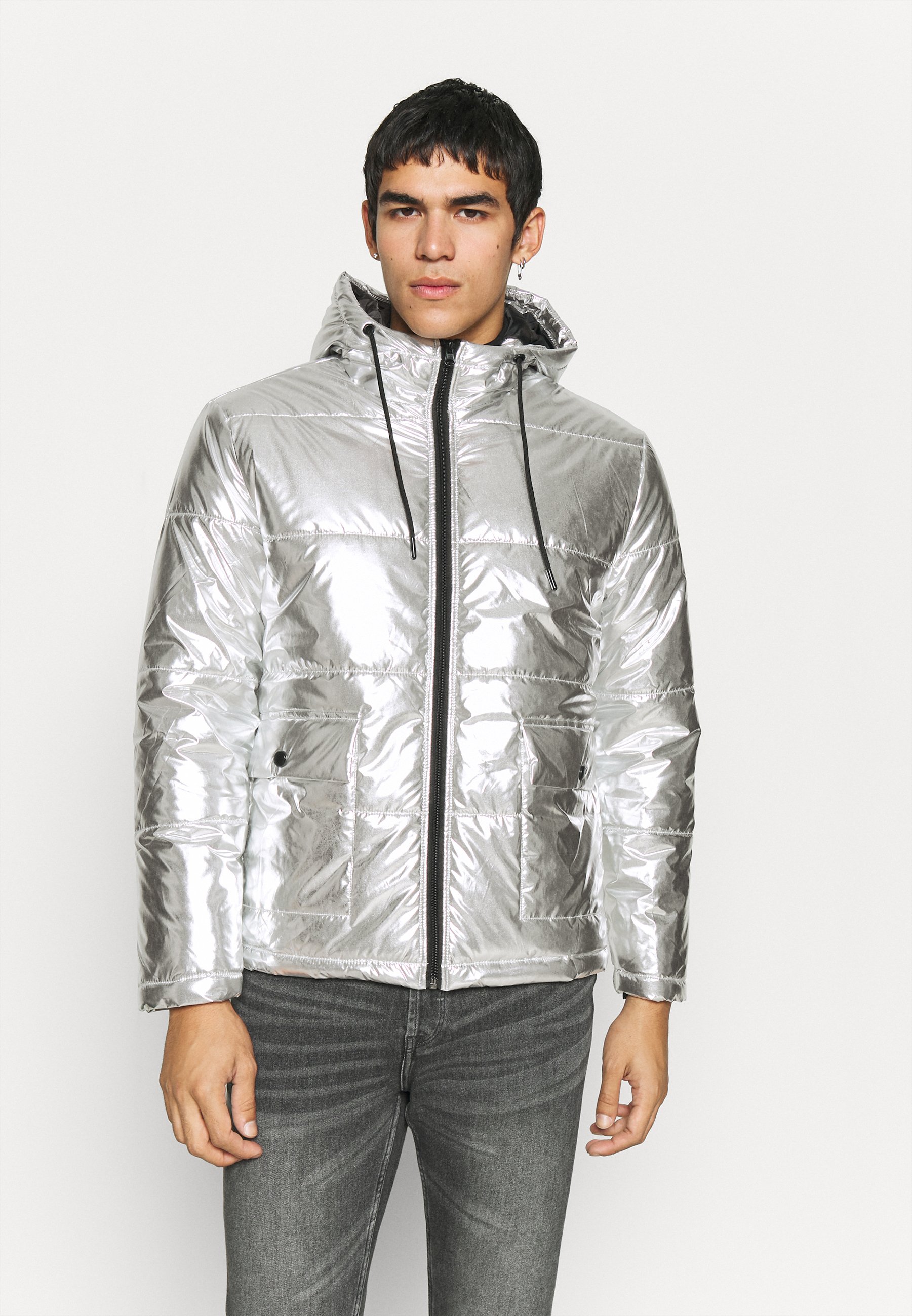 silver shiny puffer jacket