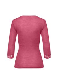 Top rosa a maniche lunghe con un design aderente, tessuto a coste texturizzato e dettagli in pizzo alle maniche. Collo rotondo e orlo dritto.