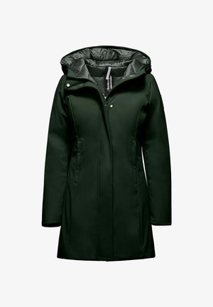 Donkergroene waterdichte jas met een ritssluiting aan de voorkant, verstelbare capuchon, zijzakken en gevoerde binnenvoering. Soepele textuur en een getailleerde pasvorm.