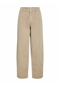 Jean beige à jambes larges avec taille haute, fabriqué en denim. Comprend cinq poches, une fermeture par bouton et des coutures doubles pour plus de durabilité.