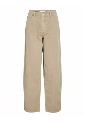 Jean beige à jambes larges avec taille haute, fabriqué en denim. Comprend cinq poches, une fermeture par bouton et des coutures doubles pour plus de durabilité.