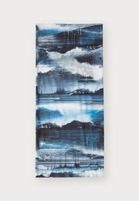 Gaiter multifunzionale in tessuto elasticizzato. Presenta un motivo astratto a onde blu e nere con una texture liscia e il logo Buff.