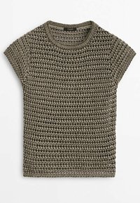 Short-sleeve, round-neck top made from textured knit material in gray tones. Features a loose, relaxed fit and open stitch pattern.