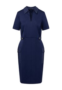 Marineblaues maßgeschneidertes Kleid mit kurzen Ärmeln, einem Kragen und einer Seitentasche. Verfügt über dekorative Knöpfe in der Taille für zusätzliche Details.