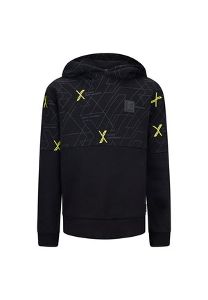 Zwarte hoodie met een geometrisch patroon in grijs en neongele accenten. Bevat een kangoeroezak en ribgebreide manchetten en zoom.